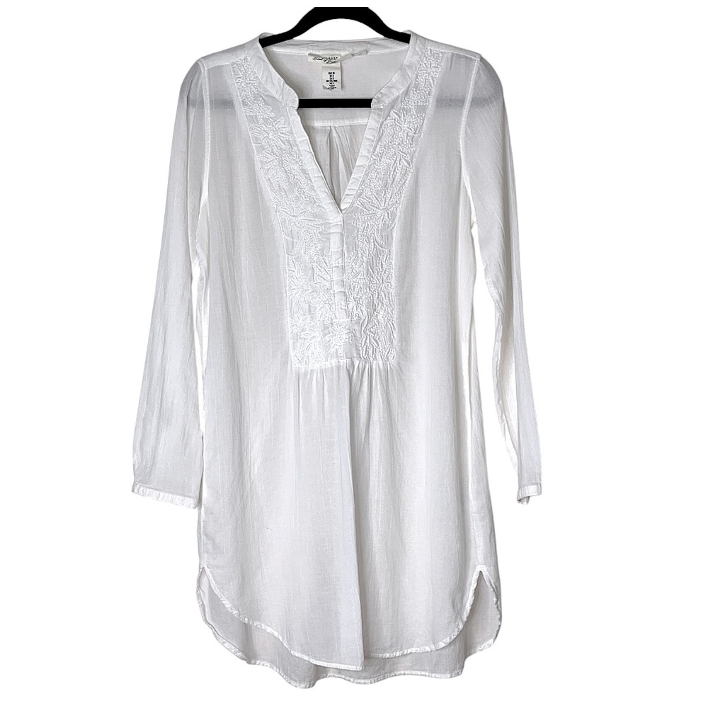 H&M LOGG Long Sleeve Embroidered Split Neck Mini Shirt Dress Coverup White 8 - Picture 2 of 9